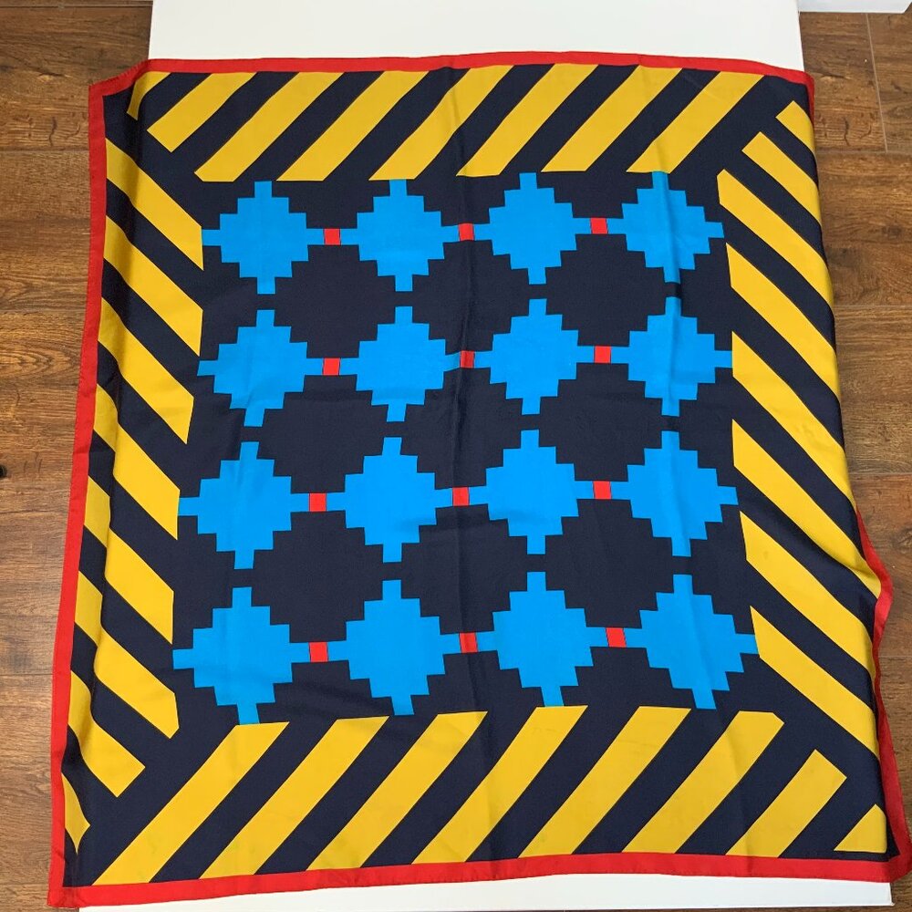 Vintage 70s - 80s Perry Ellis Silk Scarf Bold Geometric Design 34" - Picture 3 of 16